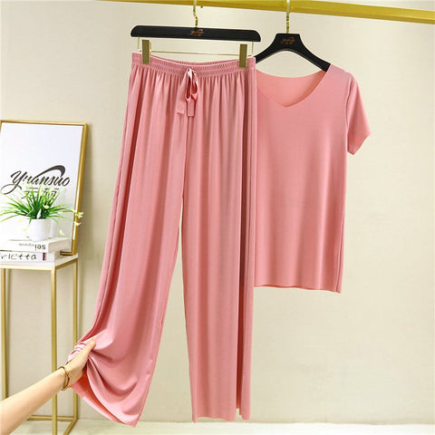 VENTA CALIENTE 50% DE DESCUENTOProductos de seda suave Manga corta + pantalones anchos  Conjunto de dos piezas