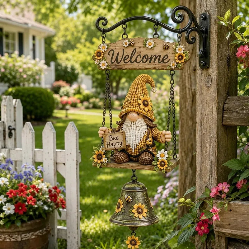 🌞Uvítací zvonček s motívom záhradného trpaslíka, nápisom „Welcome“, vintage bronzovým zvončekom, kovaným železným nástenným dizajnom a záhradnou dekoráciou.