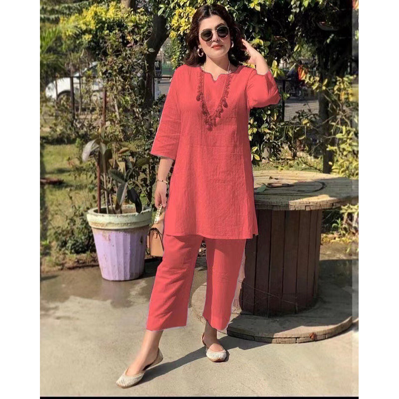 【40-100kg】Verano nueva moda color sólido temperamento viaje estilo étnico ropa de manga larga traje de dos piezas