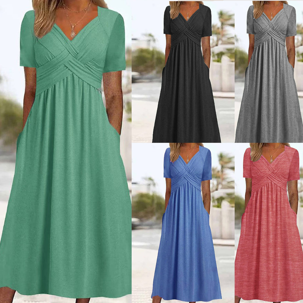 👍👍【50% OFF】💐👗【S-3XL】2025 jarné a letné nové jednofarebné módne jednoduché ležérne šaty