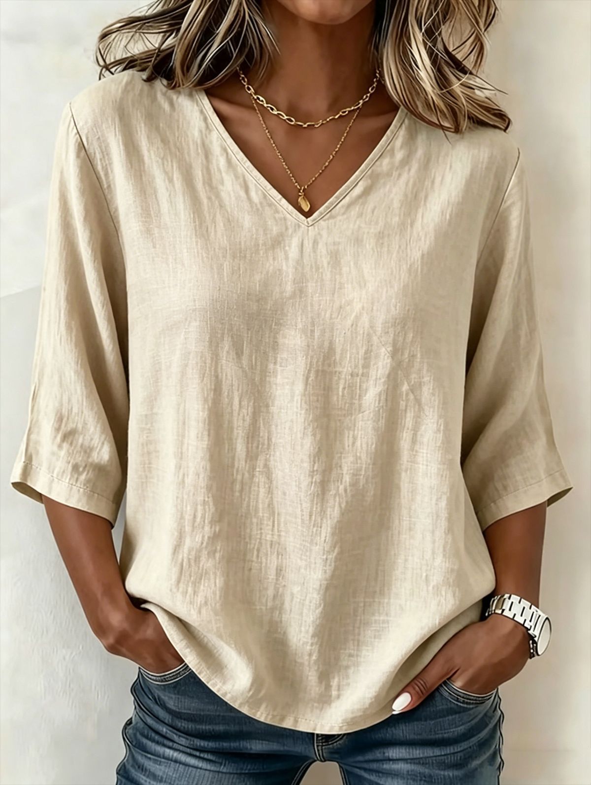 【S–3XL】Nowa damska koszulka z dekoltem w serek – mieszanka bawełny i lnu, prosta i elegancka