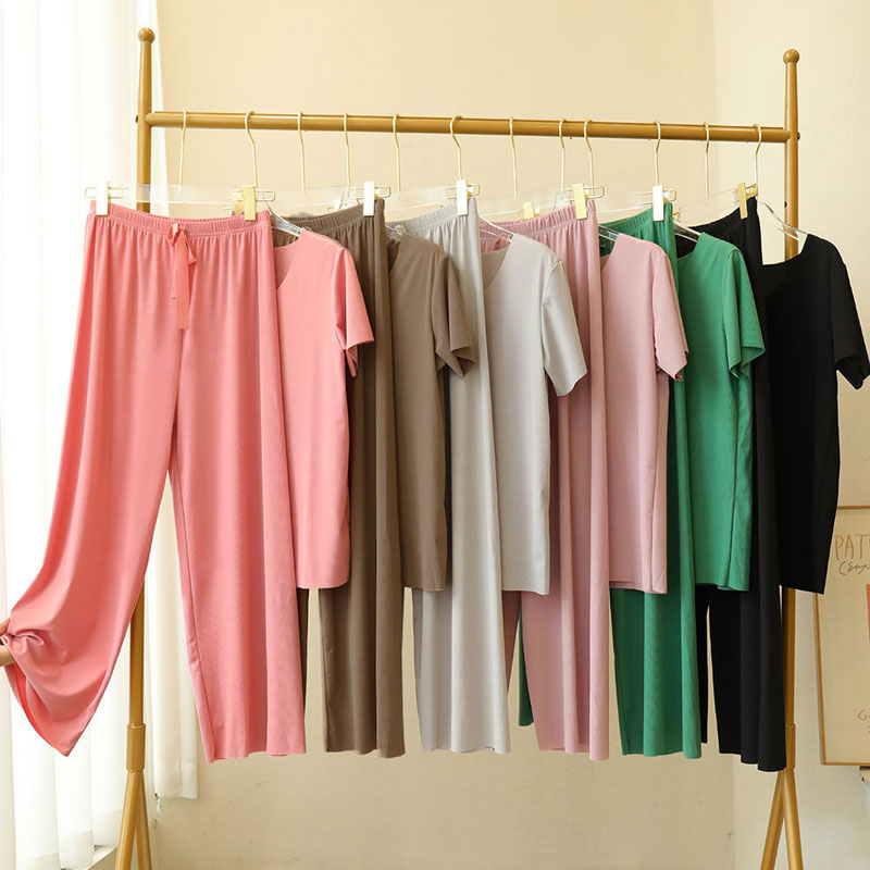 VENTA CALIENTE 50% DE DESCUENTOProductos de seda suave Manga corta + pantalones anchos  Conjunto de dos piezas