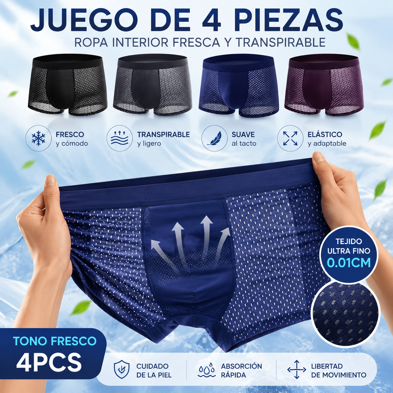 【4 piezas】Calzoncillos bóxer de malla transpirable y cómodos para hombre