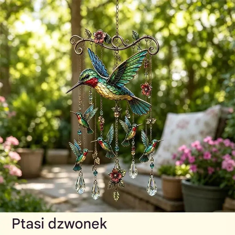 🐦 Kryształowe dzwonki ozdobione kolibrami i malowanymi wzorami w stylu vintage