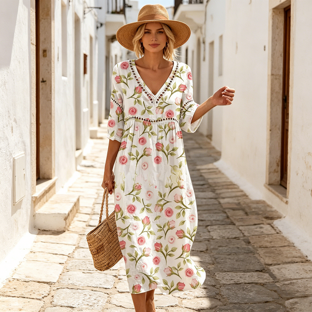 👗【S-3XL】Dámske dlhé šaty z bavlny a ľanu s potlačou – letný štýl, výstrih do V