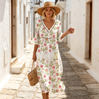 👗【S-3XL】Dámske dlhé šaty z bavlny a ľanu s potlačou – letný štýl, výstrih do V