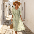 👗【S-3XL】Dámske dlhé šaty z bavlny a ľanu s potlačou – letný štýl, výstrih do V