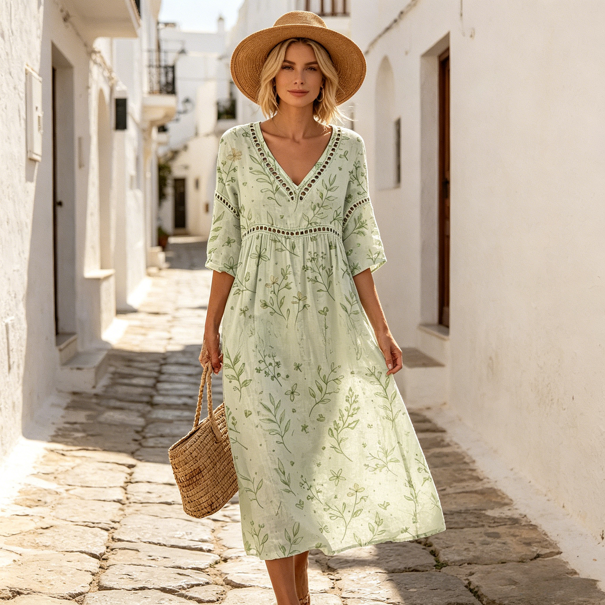 👗【S-3XL】Dámske dlhé šaty z bavlny a ľanu s potlačou – letný štýl, výstrih do V