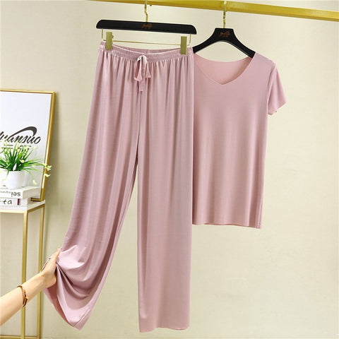 VENTA CALIENTE 50% DE DESCUENTOProductos de seda suave Manga corta + pantalones anchos  Conjunto de dos piezas