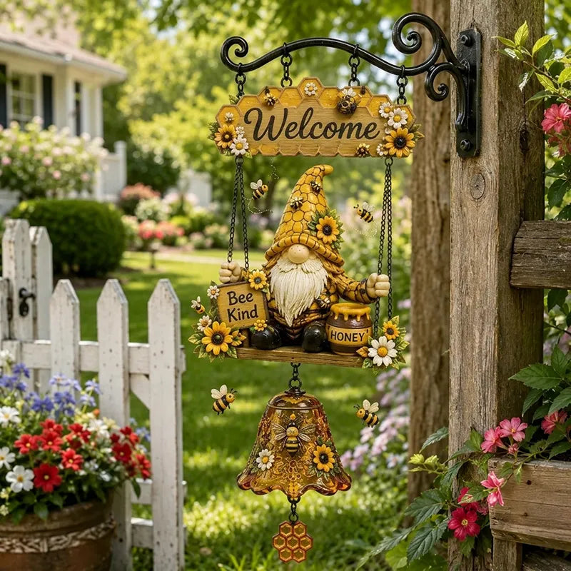 🌞Uvítací zvonček s motívom záhradného trpaslíka, nápisom „Welcome“, vintage bronzovým zvončekom, kovaným železným nástenným dizajnom a záhradnou dekoráciou.