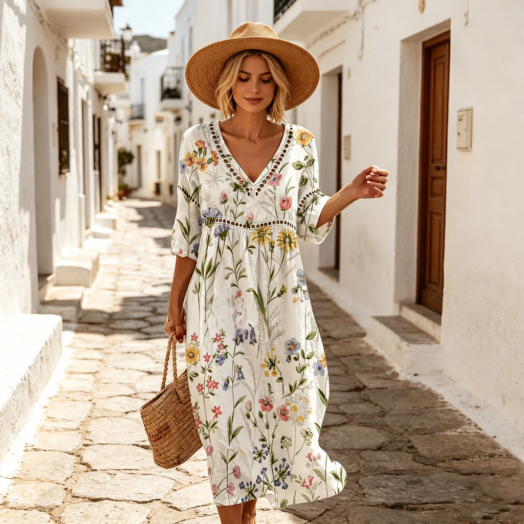 👗【S-3XL】Dámske dlhé šaty z bavlny a ľanu s potlačou – letný štýl, výstrih do V