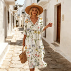 👗【S-3XL】Dámske dlhé šaty z bavlny a ľanu s potlačou – letný štýl, výstrih do V