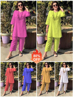 【40-100kg】Verano nueva moda color sólido temperamento viaje estilo étnico ropa de manga larga traje de dos piezas