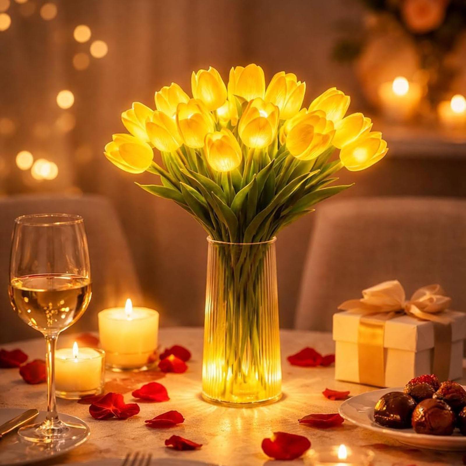 Egy 15 tulipánból álló csokor éjszakai fénynek