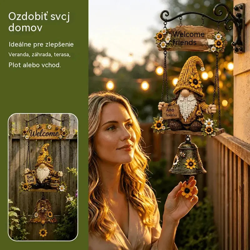 🌞Uvítací zvonček s motívom záhradného trpaslíka, nápisom „Welcome“, vintage bronzovým zvončekom, kovaným železným nástenným dizajnom a záhradnou dekoráciou.