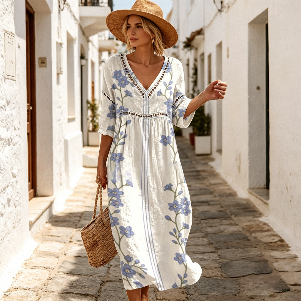 👗【S-3XL】Dámske dlhé šaty z bavlny a ľanu s potlačou – letný štýl, výstrih do V