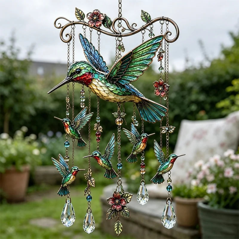 🐦 Kryształowe dzwonki ozdobione kolibrami i malowanymi wzorami w stylu vintage