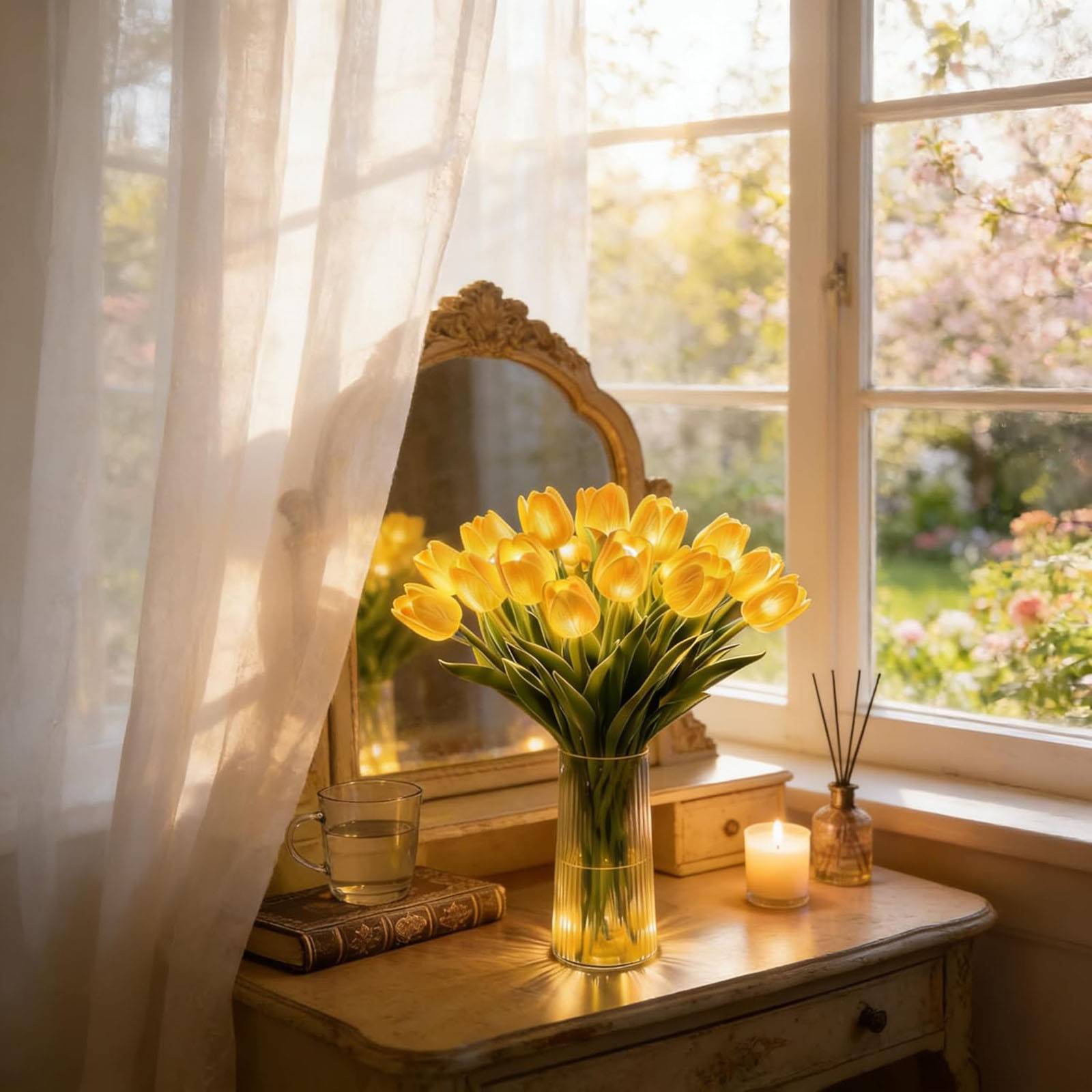 Egy 15 tulipánból álló csokor éjszakai fénynek