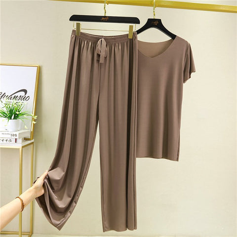 VENTA CALIENTE 50% DE DESCUENTOProductos de seda suave Manga corta + pantalones anchos  Conjunto de dos piezas