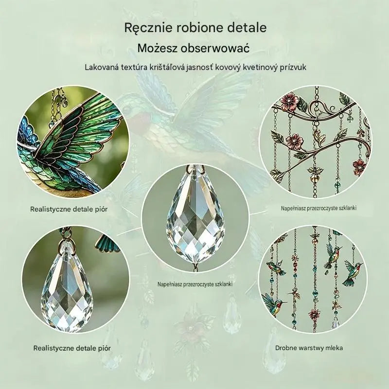 🐦 Kryształowe dzwonki ozdobione kolibrami i malowanymi wzorami w stylu vintage