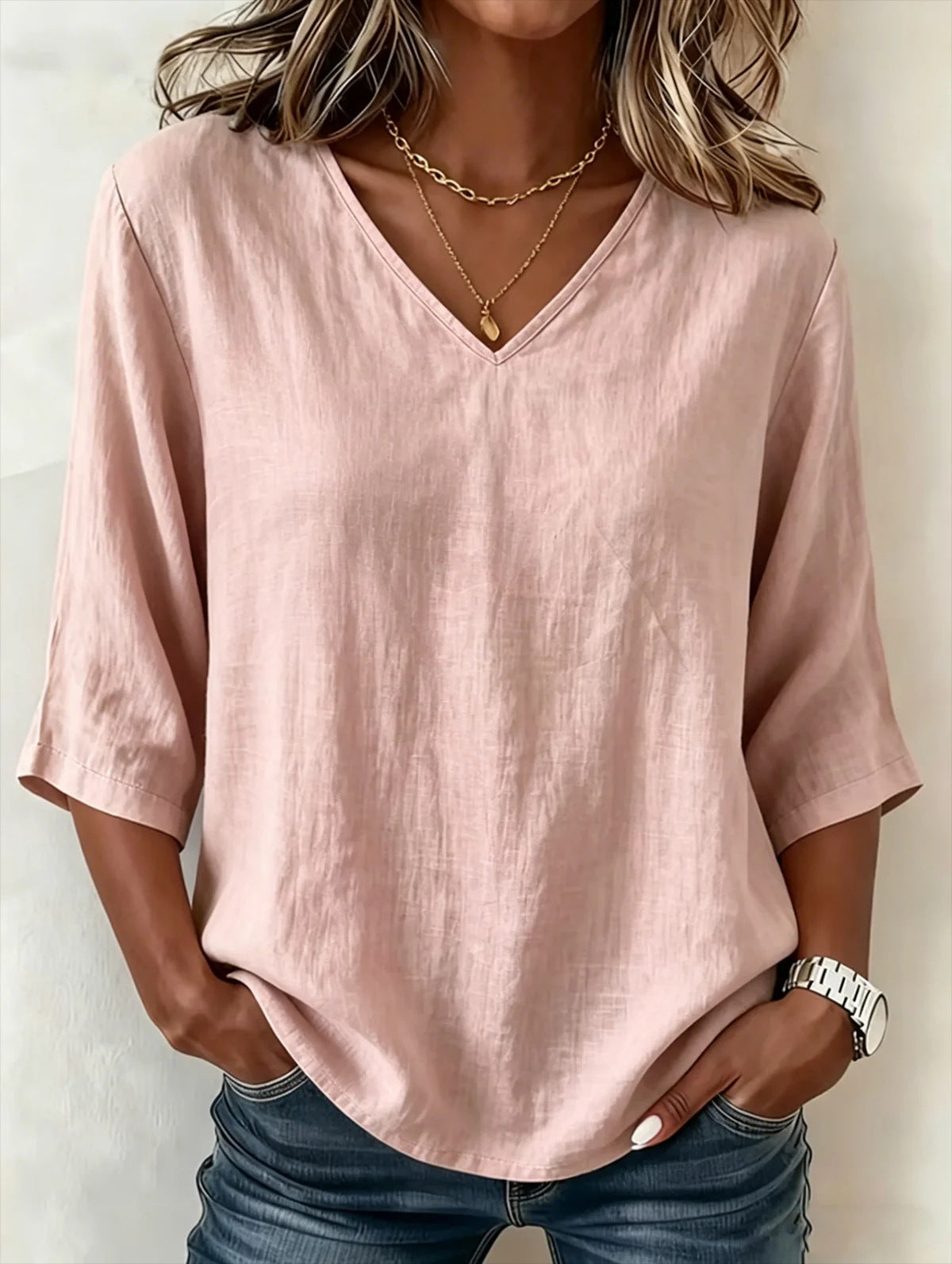 【S–3XL】Nowa damska koszulka z dekoltem w serek – mieszanka bawełny i lnu, prosta i elegancka