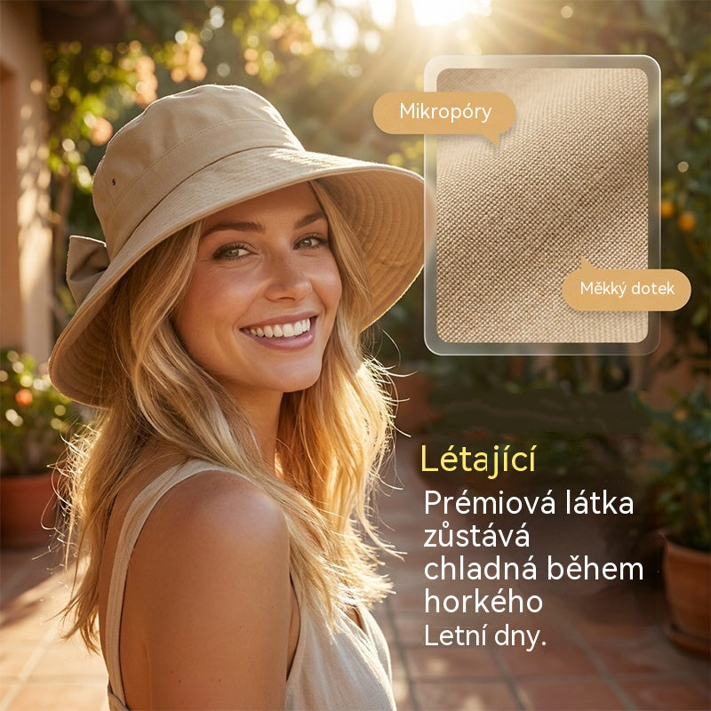 👒✨ Ženski sončni klobuk z pentljo in širokimi krajci - zložljiv, 360° zaščita 🎀