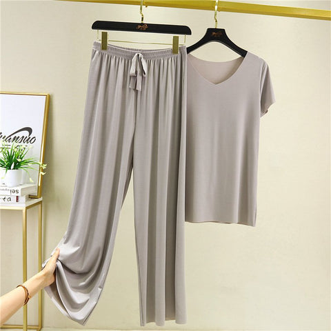 VENTA CALIENTE 50% DE DESCUENTOProductos de seda suave Manga corta + pantalones anchos  Conjunto de dos piezas